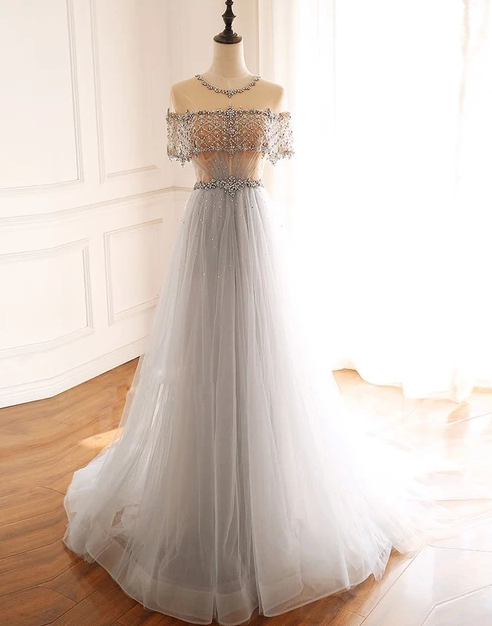 GRAY ROUND NECK TULLE BEADS LONG PROM DRESS FORMA LDRESS cg10284