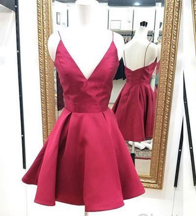 Burgundy A-line V-neck short party dress,homecoming dresses cg10297