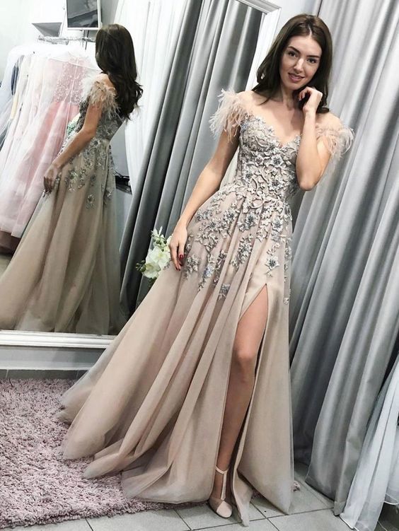 Champagne tulle lace long prom dress champagne tulle formal dress cg10310