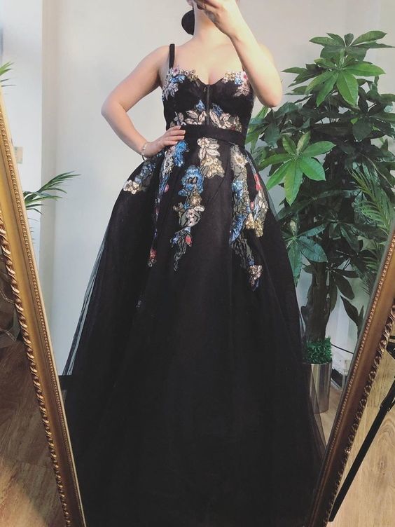 Modest Tulle Black Appliques Long Prom Dress, A Line Evening Dress cg10316