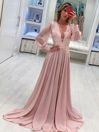 Langarm-Ballkleider, tiefer V-Ausschnitt, A-Linie, rosa Ballkleid, Chiffon, langes Abendkleid, cg1032