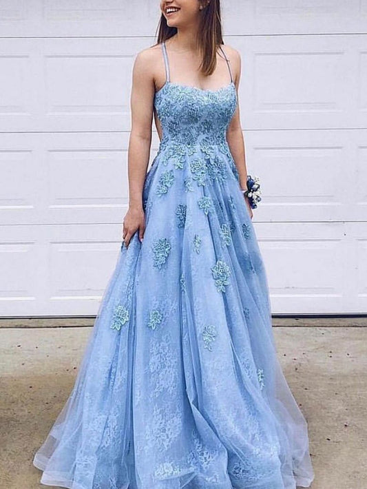 Offenes Rücken-Ballkleid mit Spaghettiträgern Aline Himmelblau Langes Spitzen-Ballkleid cg1033