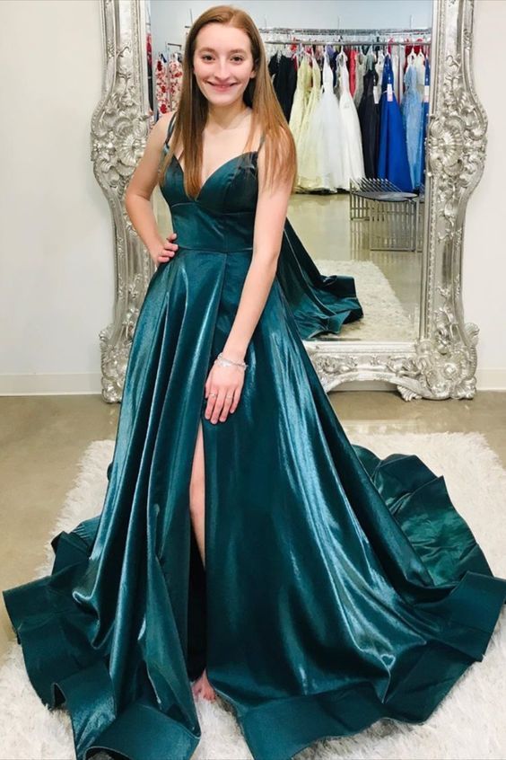 Turquoise Color with spaghetti straps and side slit prom dress cg10342 – classygown Turquoise Color with spaghetti straps and side slit prom dress cg10342 – classygown