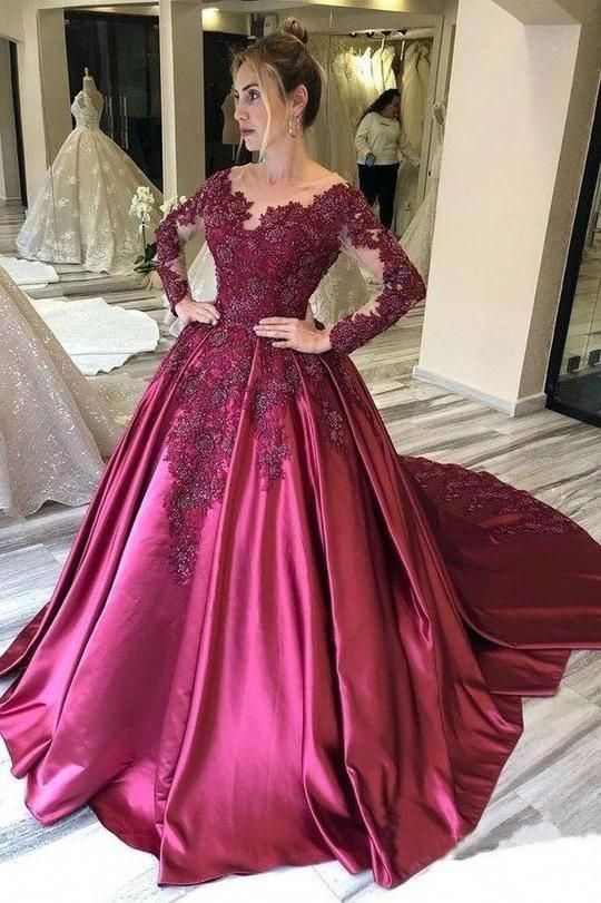 Cheap Ball Gown Long Sleeves Burgundy Satin Beads Prom Dresses with Ap classygown Cheap Ball Gown Long Sleeves Burgundy Satin Beads Prom Dresses with Ap classygown