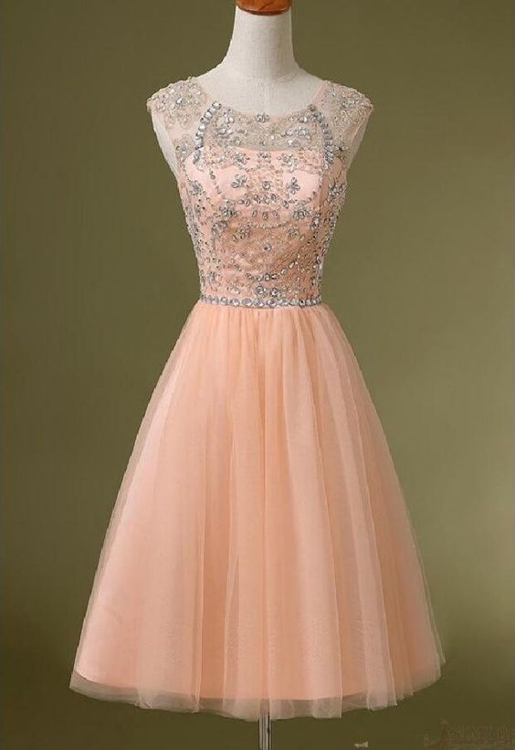 Peach beaded homecoming dress, See through homecoming dress cg10355