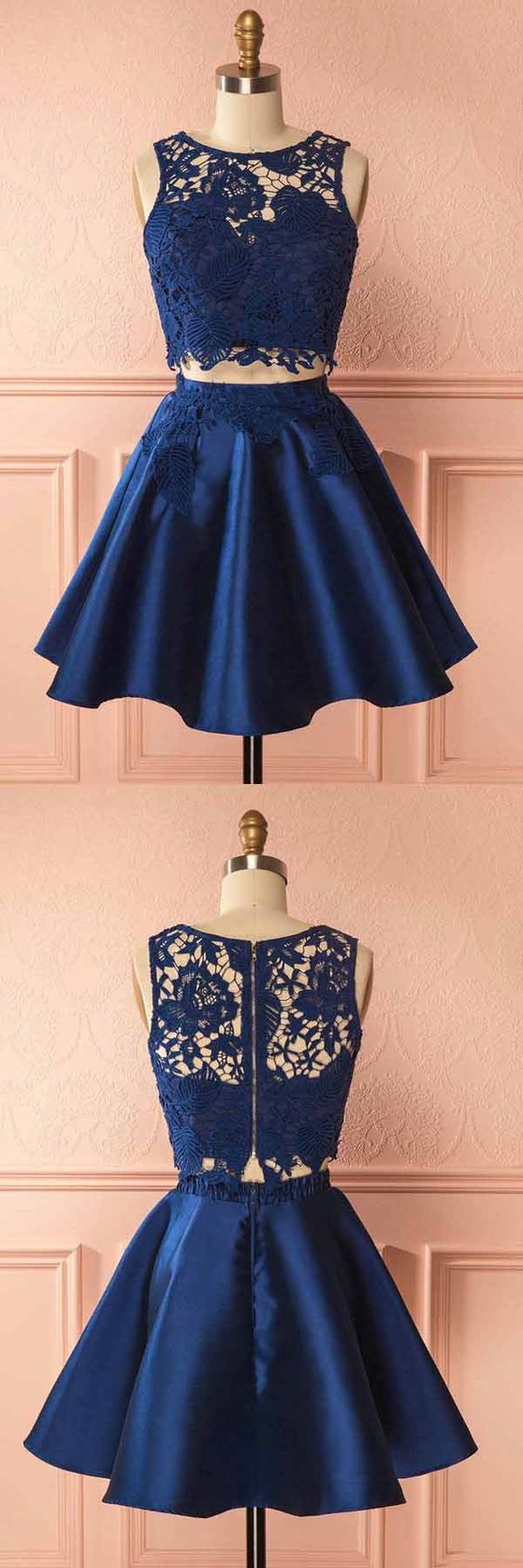 Two Piece Dark Blue Satin Homecoming Dress With Lace Appliques cg10357