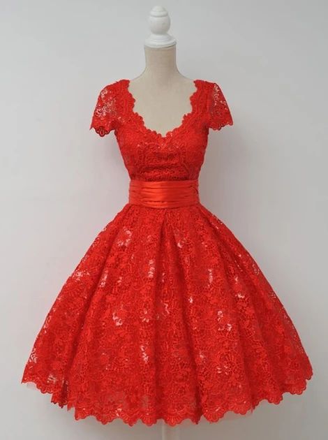 Vintage V-neck Cap Sleeves Knee-Length Backless Red Lace Homecoming dr classygown Vintage V-neck Cap Sleeves Knee-Length Backless Red Lace Homecoming dr classygown