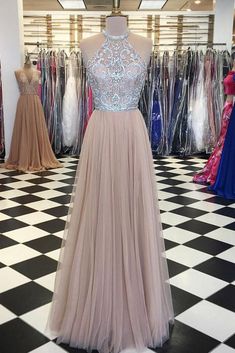 Champagne tulle beads long prom dress, champagne evening dress cg10367