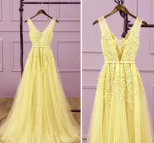 Langes Brautjungfernkleid mit V-Ausschnitt, Spitzenapplikation und Tüll, gelbes Ballkleid, Partykleid cg10386