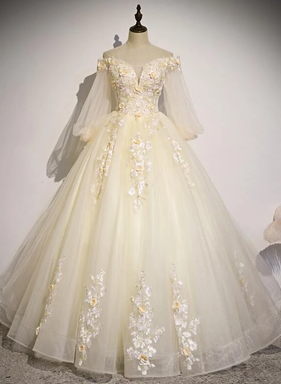 Beautiful Ivory Tulle Long Sleeves Floral Sweet 16 Gown, Party Gowns prom dress cg10387