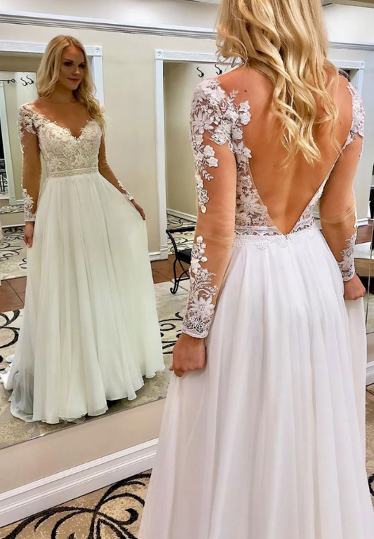 Weißes, langes Chiffon-Spitzen-Ballkleid mit V-Ausschnitt, weißes, formelles Kleid, cg10396