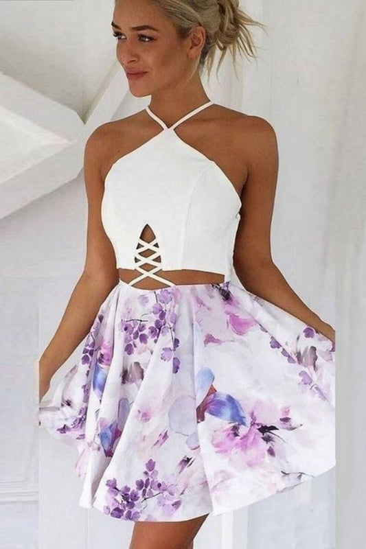 A-Linie V-Ausschnitt Schnürung Kurzes Blumen Polyester Homecoming Kleid cg104