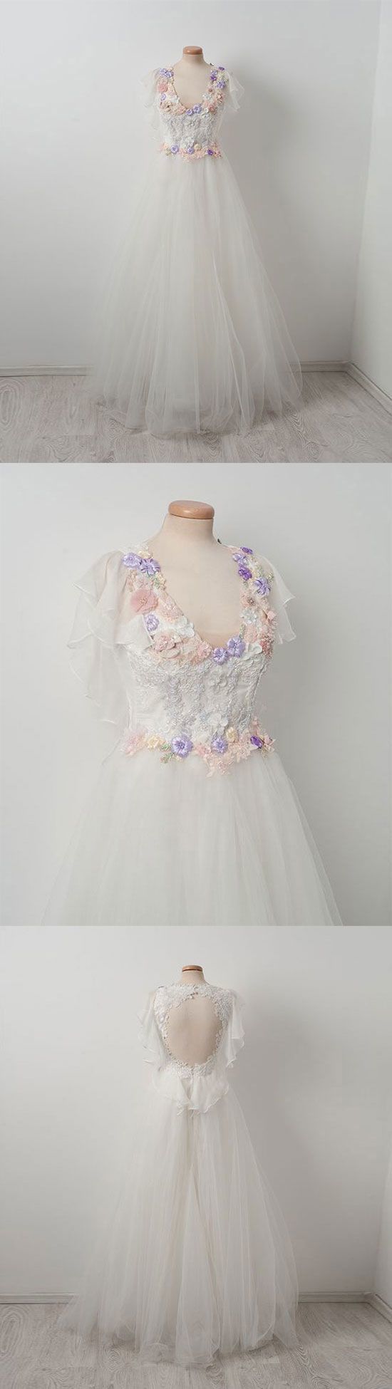 Elegant tulle lace applique white long prom dress, white evening dress cg10407