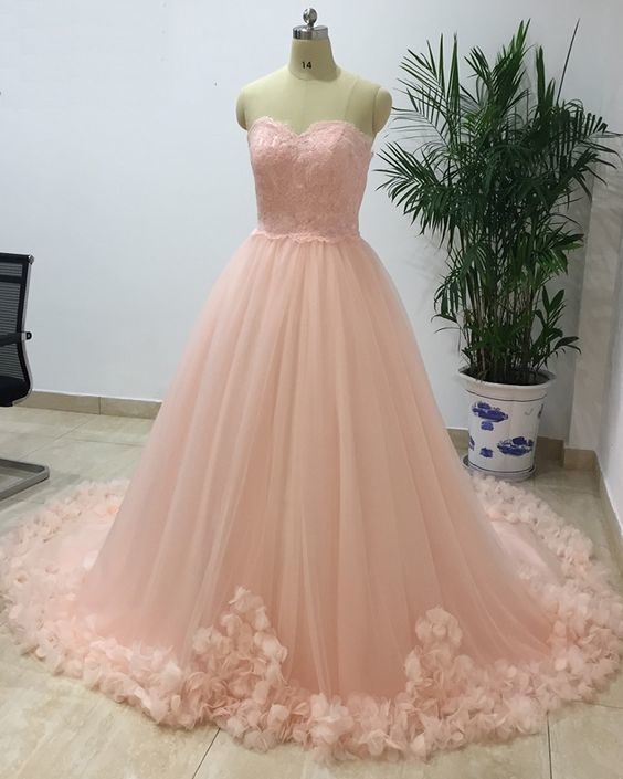 Princess Sweetheart Long Pink Tulle Senior Prom Dress With Applique cg10409