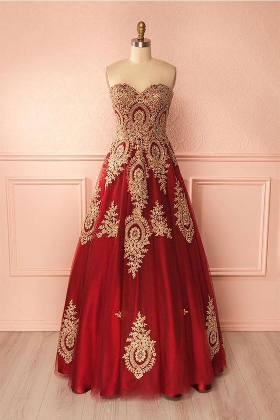 Red sweetheart neck lace applique long prom dress, red evening dress cg10415