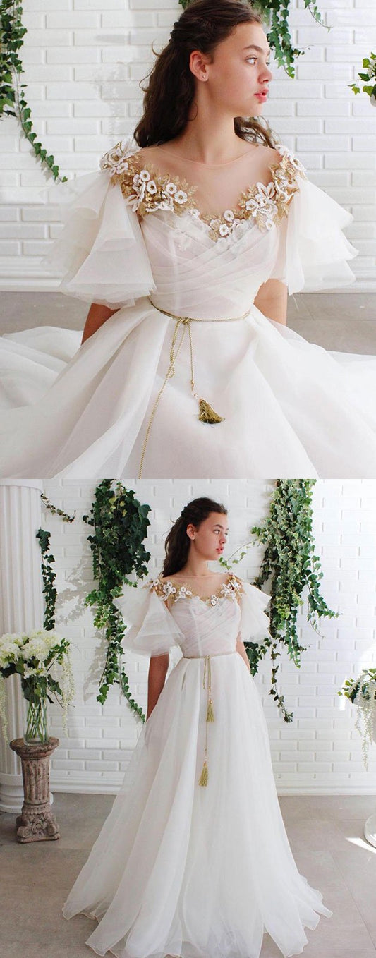 Weißes langes Ballkleid aus Spitzentüll mit Rundhalsausschnitt, weißes Abendkleid aus Spitze, cg10417