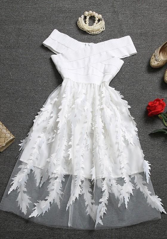 White Floral Patchwork Tulle Bandage Off Shoulder Homecoming Party Flowy Midi Dress cg10423