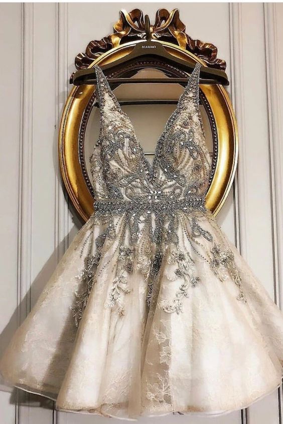 Spaghetti Straps Tulle Beads Deep V Neck Homecoming Dresses cg10424