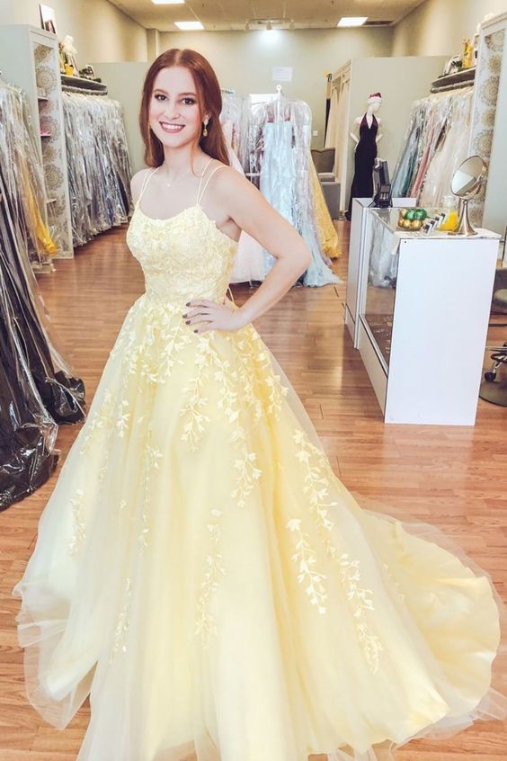 yellow tulle prom dress Tulle V-neck Yellow Prom Dresses A-line Long Party Dresses with Ruffles,MP592