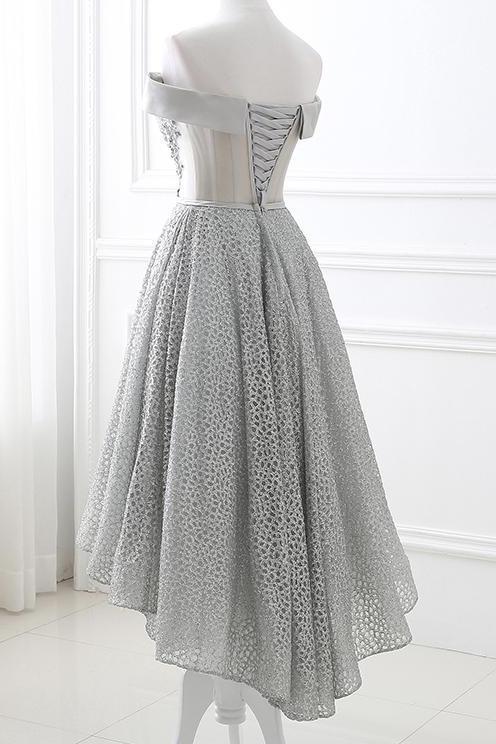 Off Shoulder High Low Sliver Homecoming Dress with Lace-Up Back cg10432