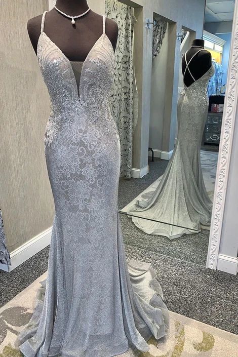 Elegant V Neck Lace Appliques Mermaid Silver Prom Dress cg10438