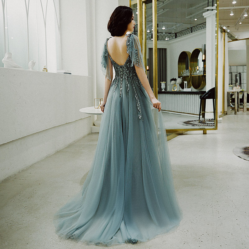 STYLISH V NECK TULLE LONG PROM DRESS, EVENING DRESS cg10460