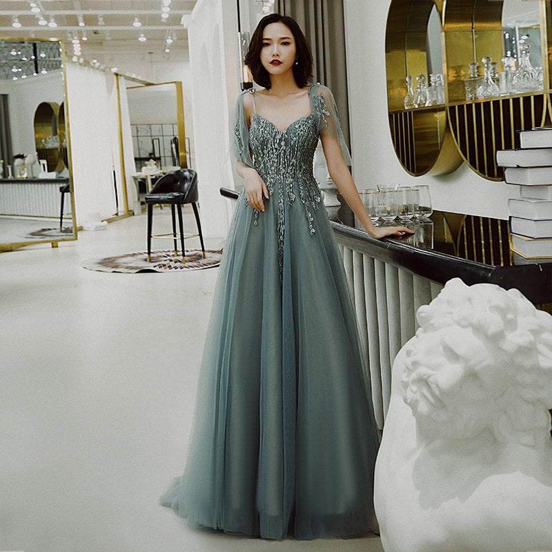 STYLISH V NECK TULLE LONG PROM DRESS, EVENING DRESS cg10460