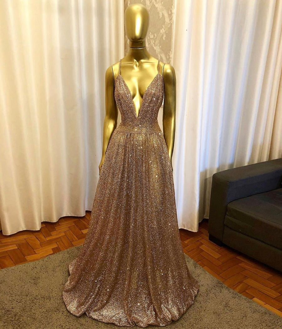 GOLD SEQUINS LONG PROM DRESS EVENING DRESS cg10464