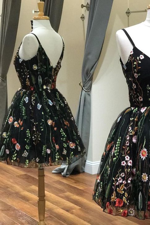Süße Träger Schwarz Stickerei Floral Kurzes Homecoming Kleid cg105
