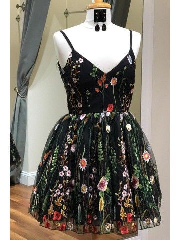 Süße Träger Schwarz Stickerei Floral Kurzes Homecoming Kleid cg105
