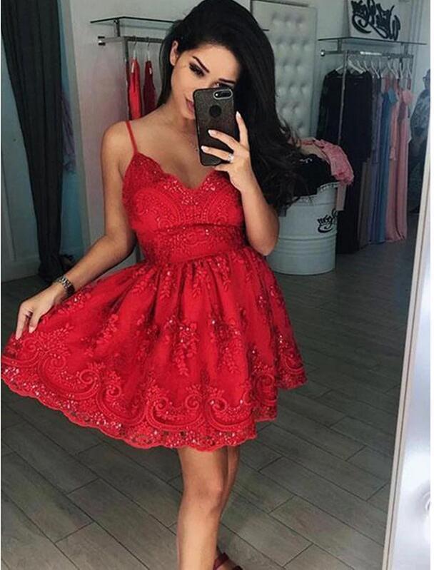 Lace Appliques Short Homecoming Dress, Red Straps Cocktail Dress cg10506