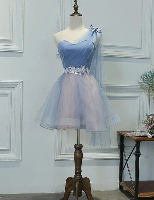 One Shoulder Tulle Sweetheart Party Dress, Short Blue Homecoming Dress cg10511