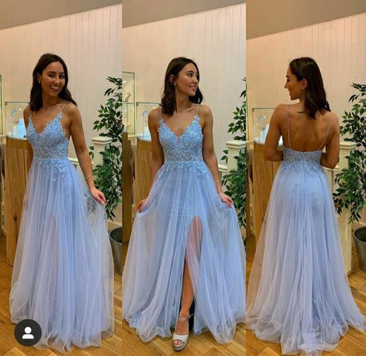 Charmantes, sexy Spaghettiträger-Abendkleid, langes Ballkleid mit blauen Applikationen, cg10522