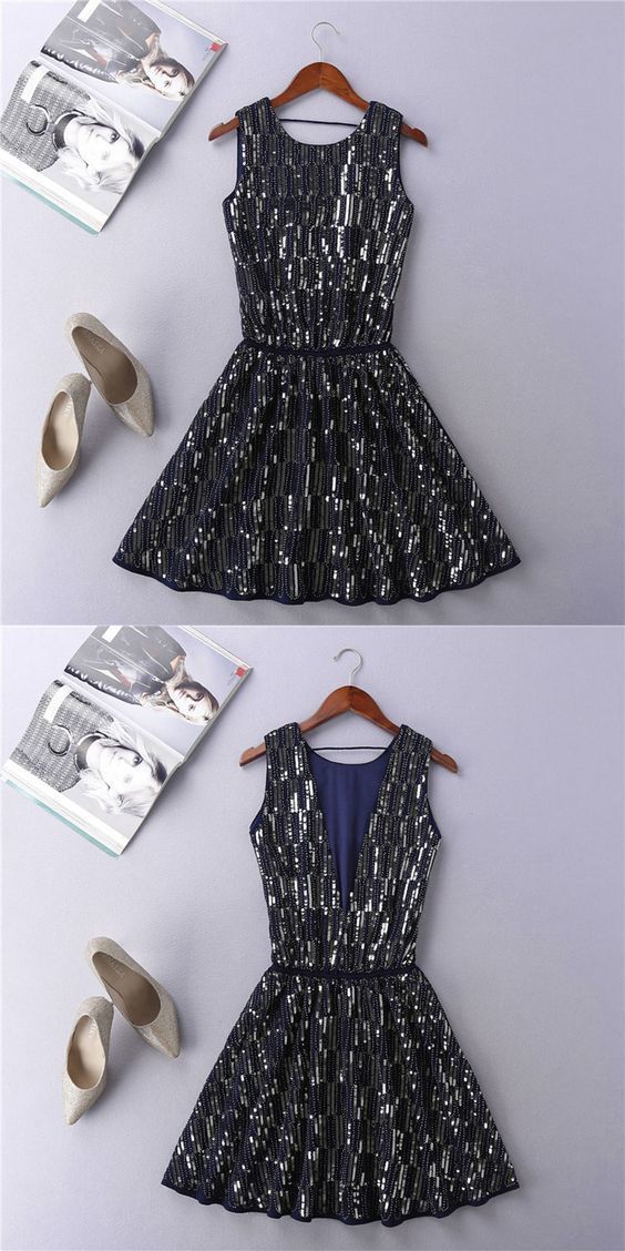 Black sequins short homecoming dress, black party dress cg10525