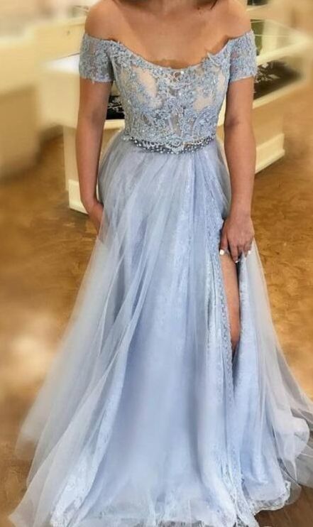 Princess Off the Shoulder Sky Blue Long Prom Dress with Side Slit cg10532