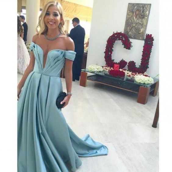 Sexy Pleated Deep V Neck Off Shoulder Satin Prom Dresses Long cg10535