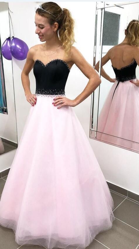 Fashion Pink Tulle Long Prom Dress, Black Top Beaded Prom Dresses, Evening Party Dress cg10558