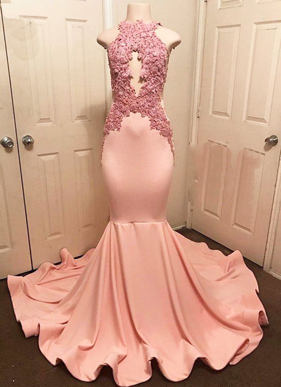 Pink high O neck see through strapless long mermaid evening prom dress with applique cg10568