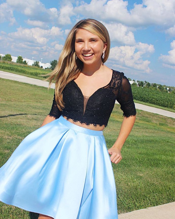 Open Back Black top Lace Dress, Blue Short Party Gown Homecoming Dress cg10575