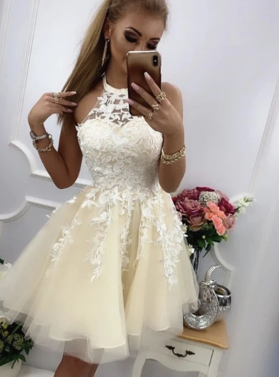 Champagne lace tulle short A line Homecoming Dress cg10580