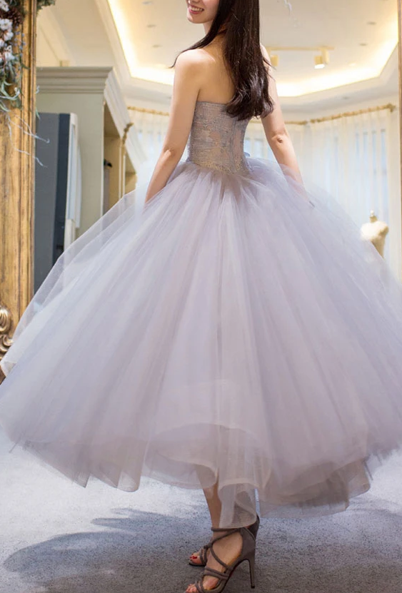 GRAY SWEETHEART TULLE LACE SHORT PROM GOWN, GRAY LACE COCKTAIL DRESS cg10582