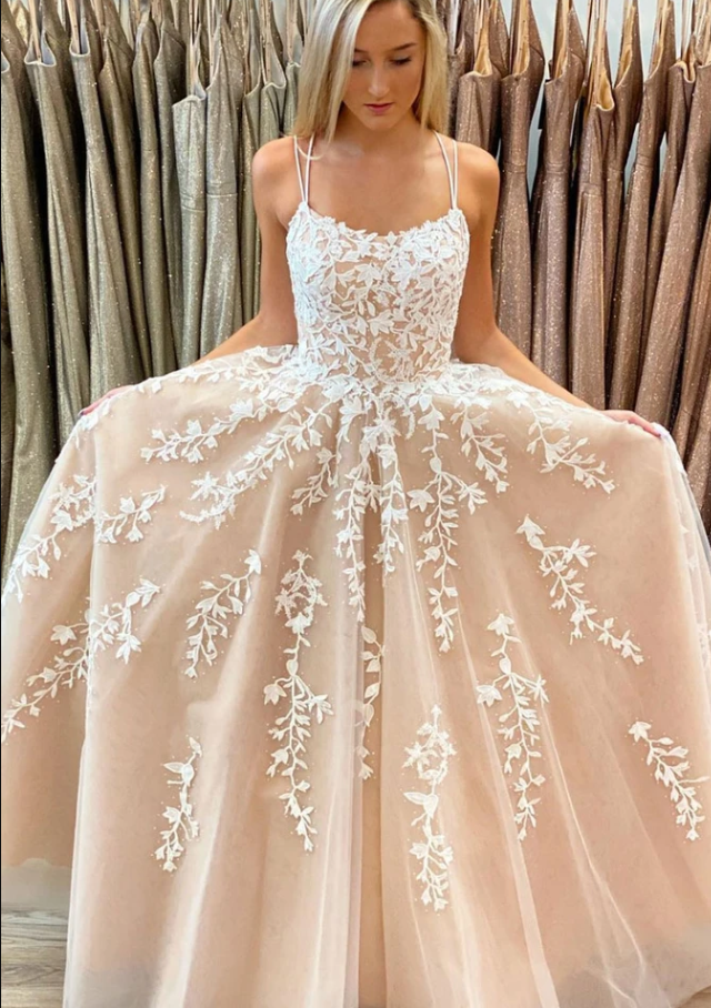CHAMPAGNE TULLE LACE LONG PROM DRESS CHAMPAGNE EVENING DRESS cg10583