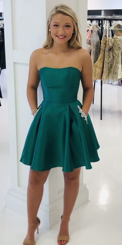 A Line Strapless Light Blue Short Homecoming Dress With Pockets Beading cg10595