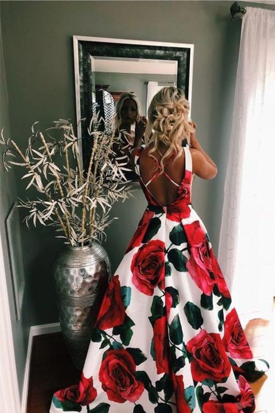 A-Line V-Neck Sweep Train Criss-Cross Straps Satin Floral Prom Dress with Pockets cg10596