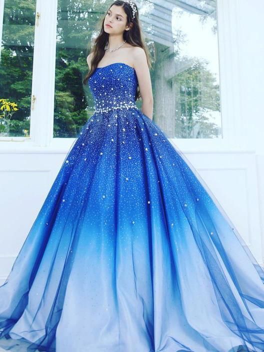 A-Linie, Blau, Trägerlos, Herzausschnitt, Ombre, Sweep/Pinsel zug, Ballkleid, Perlen, Tüll, Ballkleider cg1063