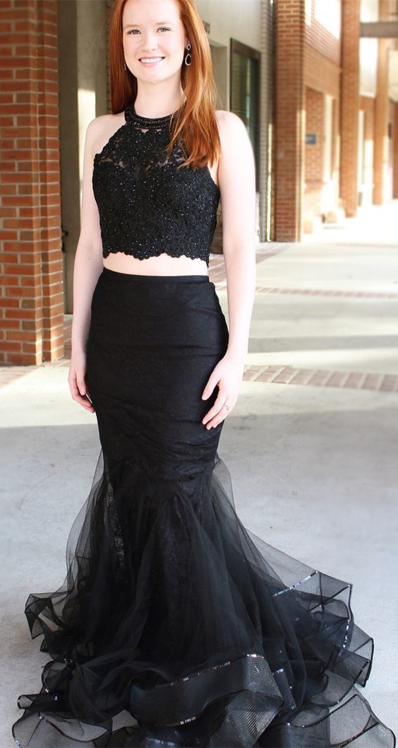 elegant halter black tulle prom dress with appliques, bodycon two piece evening dress with ruffles cg10637