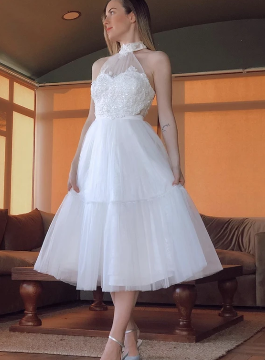 White tulle lace short prom dress party dress cg10643