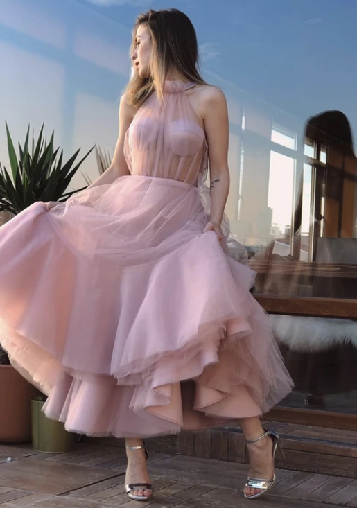 Pink tulle short prom dress cg10644
