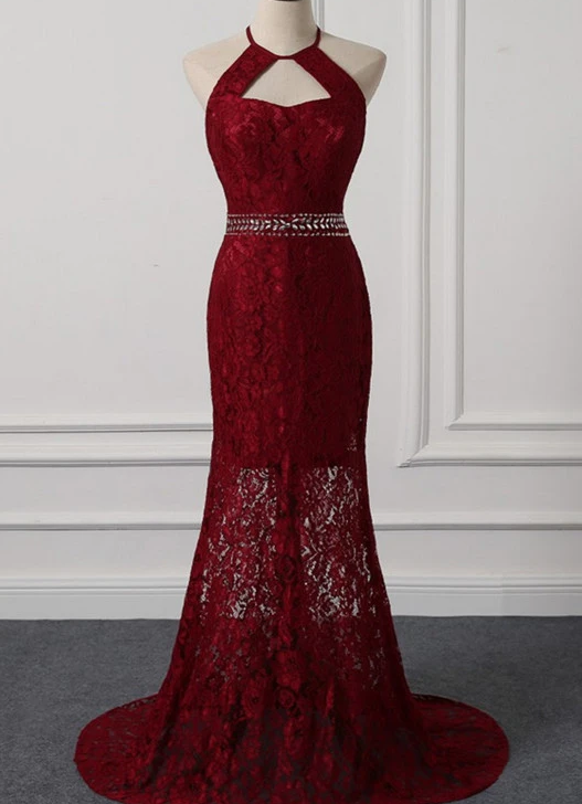 Wunderschönes dunkelrotes Abendkleid mit Neckholder und Perlen, Meerjungfrau-Ballkleid cg10646