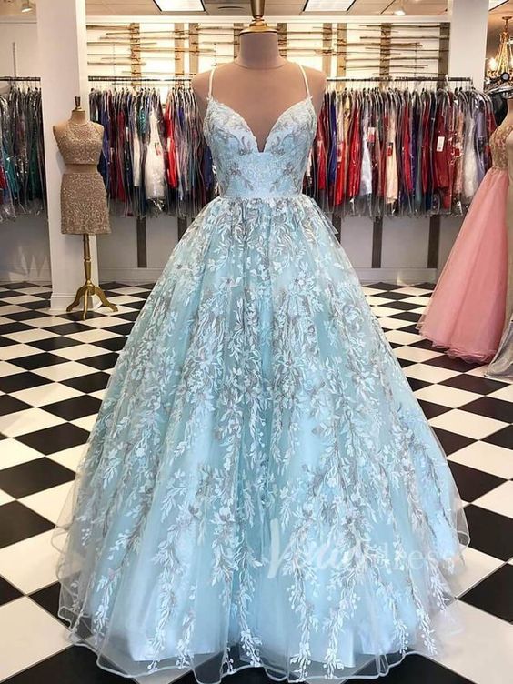 A Line Embroidery Lace Long Prom Dresses with Straps cg10651